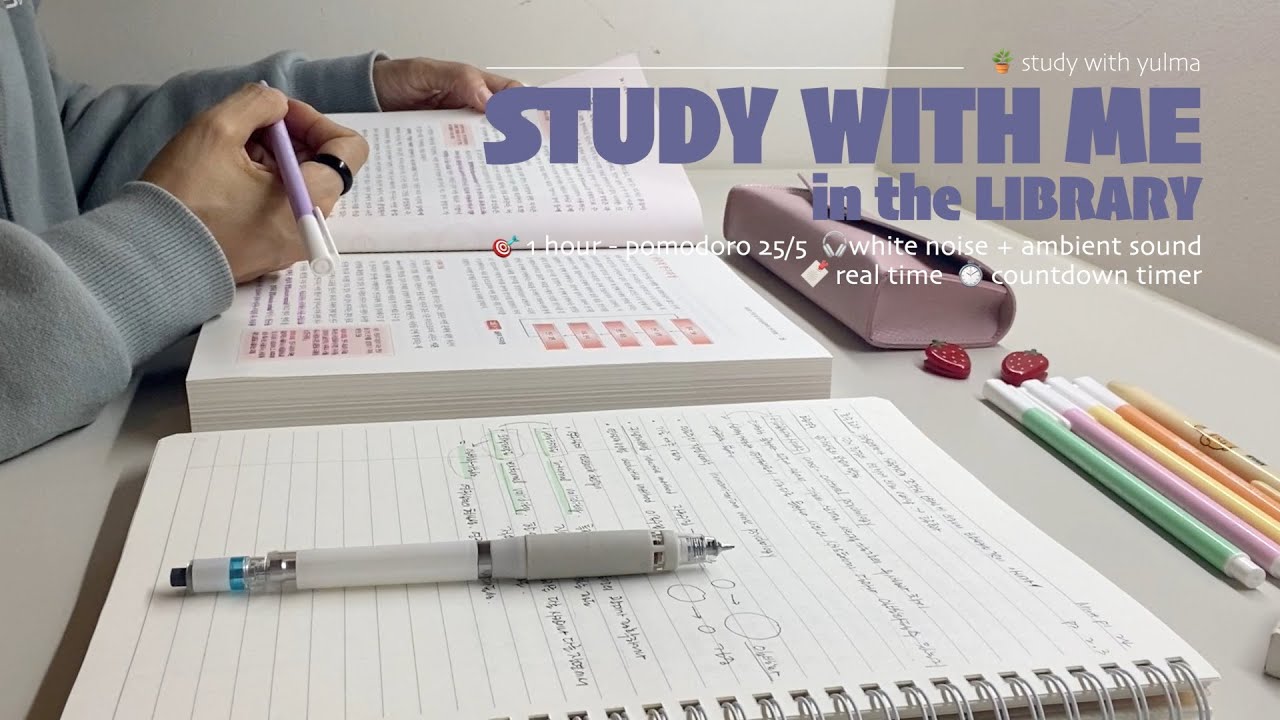 🎡1HR STUDY WITH ME in the libraryㅣpomodoro 25/5ㅣwhite noise + ambient soundㅣwith timer