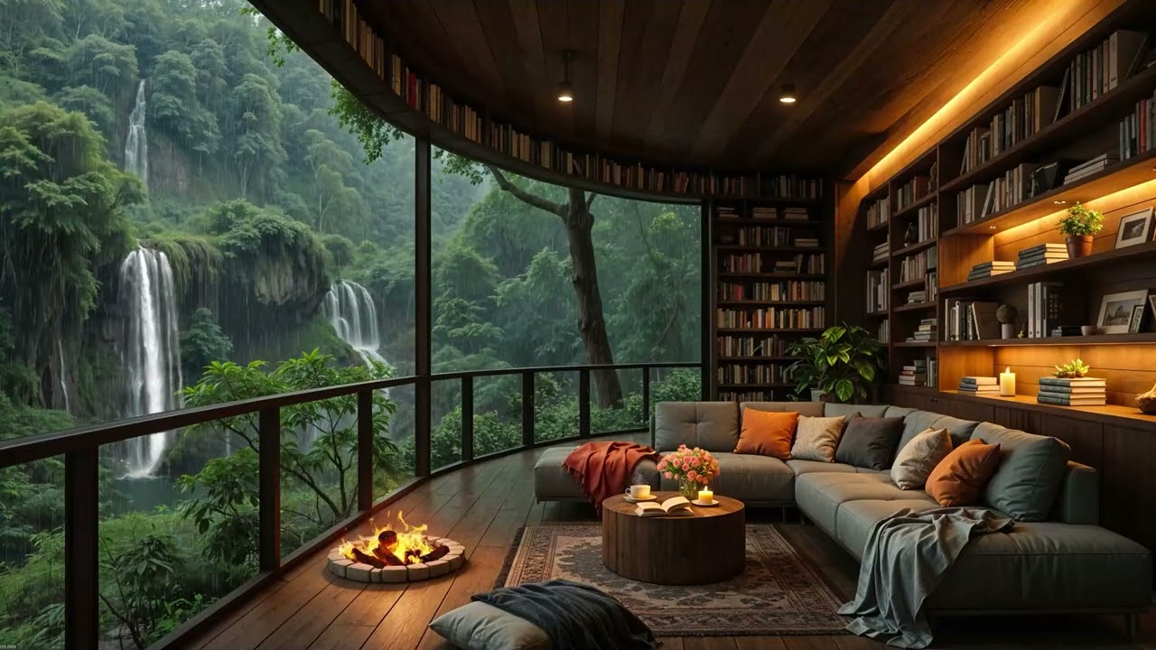 Jazz Relaxing Music - Cozy Reading Nook with Soft Rain & Fireplace Sound for Work & Study