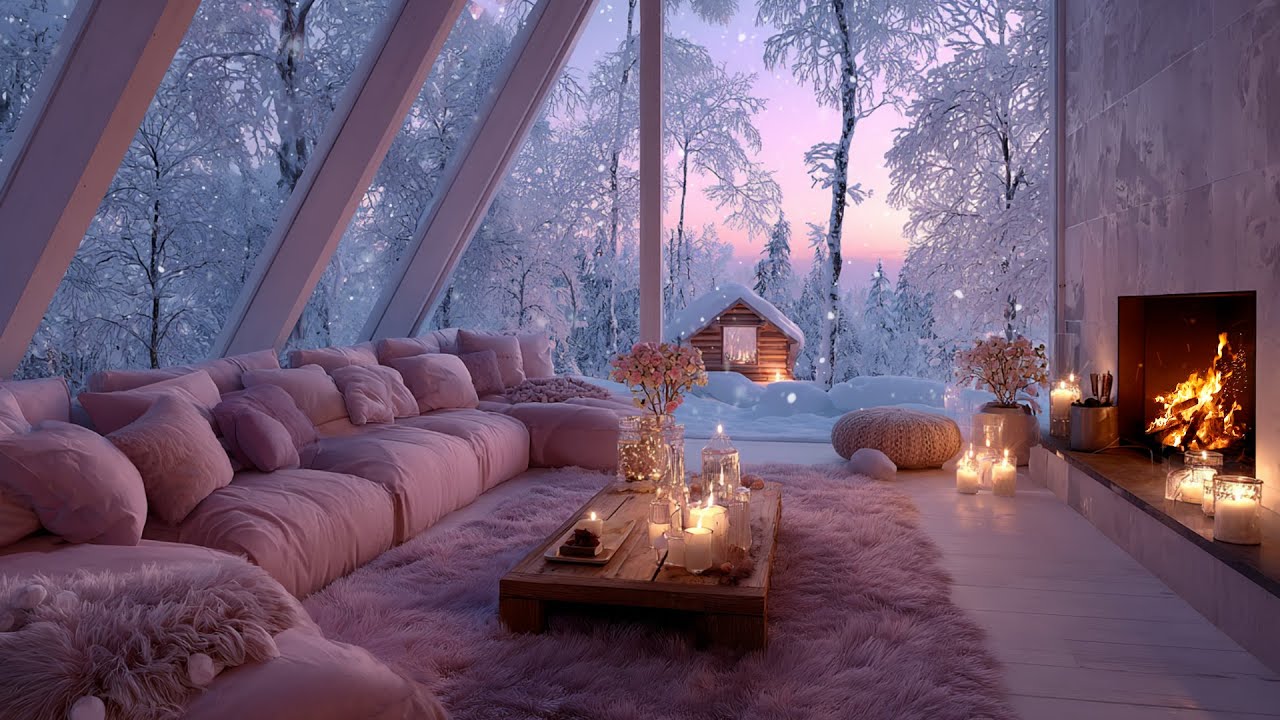 Winter Cozy Piano Ambience with Warm Fireplace and Falling Snow for Peaceful Focus Music