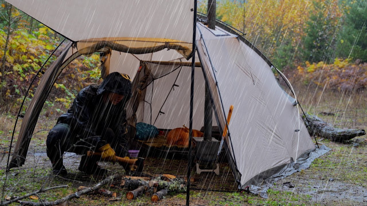Solo Rain Camping with my Dog - Gathering Firewood and Cooking in Wood Stove Hot Tent