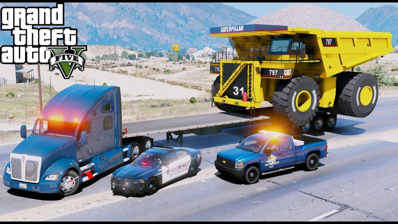 GTA 5 РЕАЛЬНЫЙ МОД — ЕЩЁ ОДИН ДЕНЬ НА РАБОТЕ №41. Негабаритный прицеп везёт гигантский самосвал