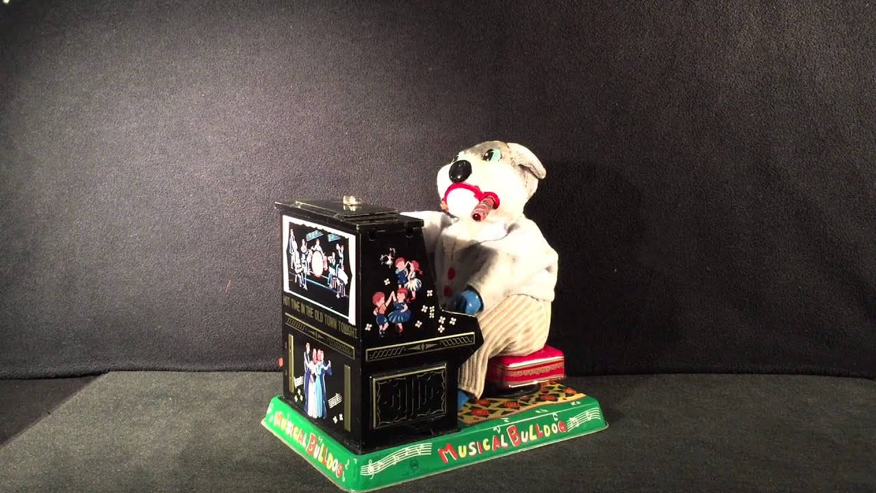 Musical Bulldog Playing Piano Japan Battery Operated Smoking Tin Toy, San Co., 1950s