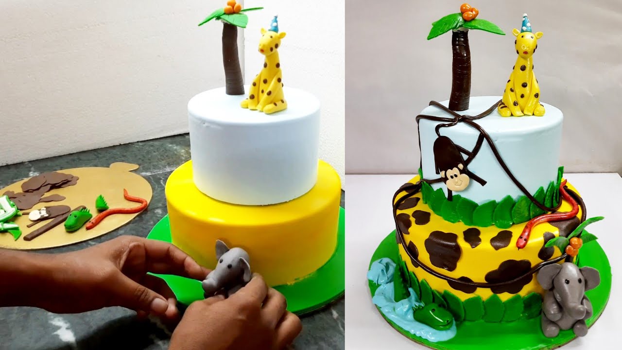 Jungle Theme Cake Design Idea || Two Tier Cake || Jungle animal cake