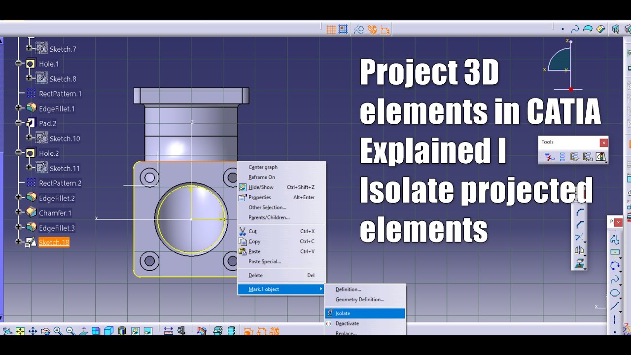 Проектирование 3D-элементов в CATIA V5. Подробное объяснение изоляции проецируемых элементов.