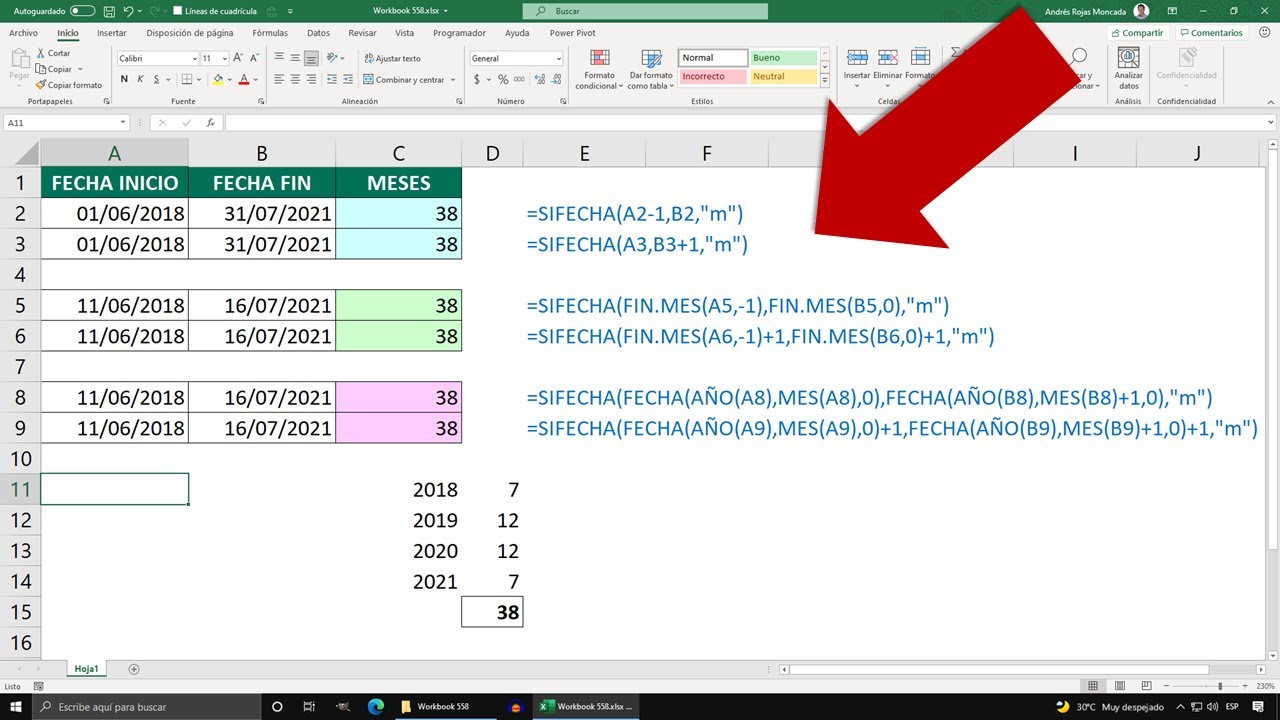 Calcular los MESES transcurridos con dos fechas cualquieras en Excel