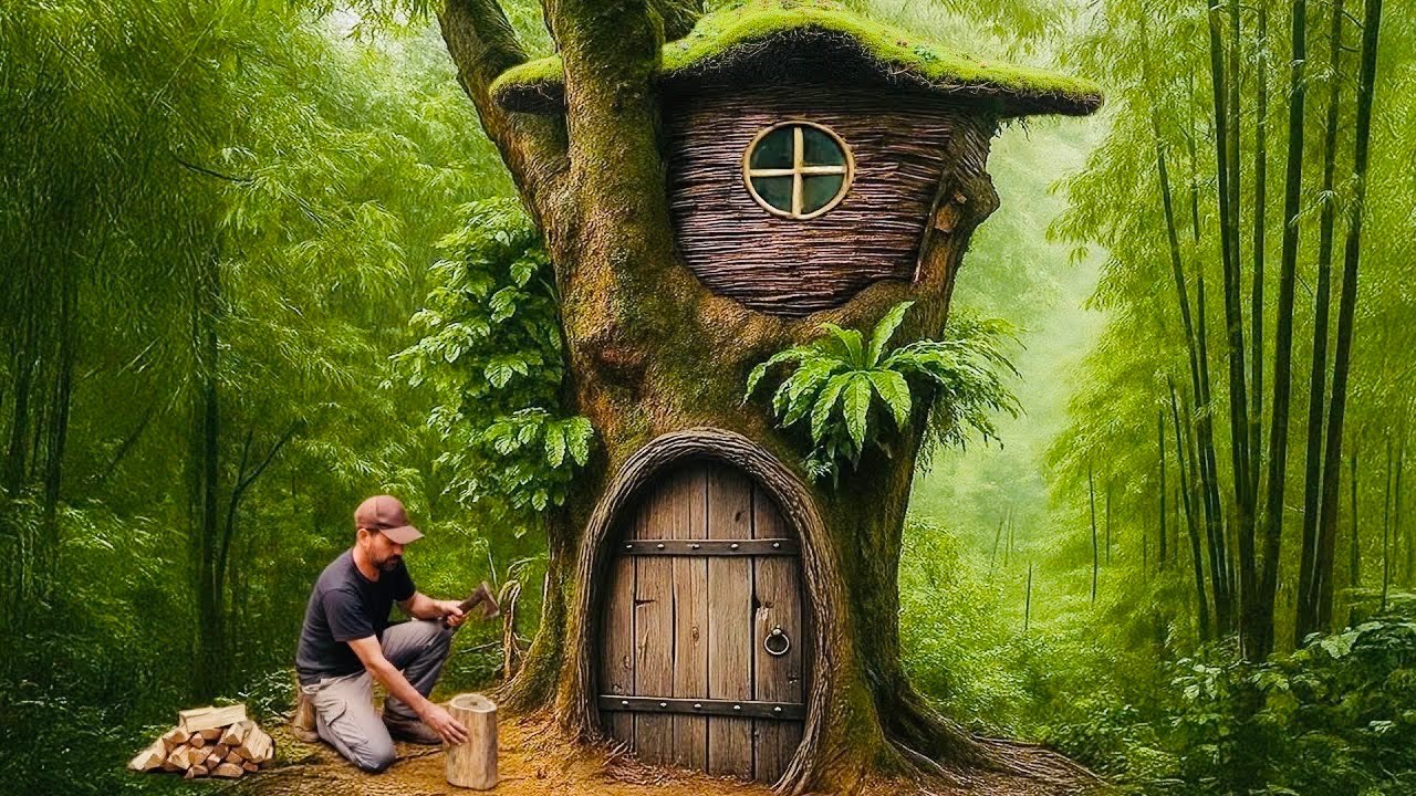 Forest Survival Base on a Giant Tree – Grass Roof Shelter Build