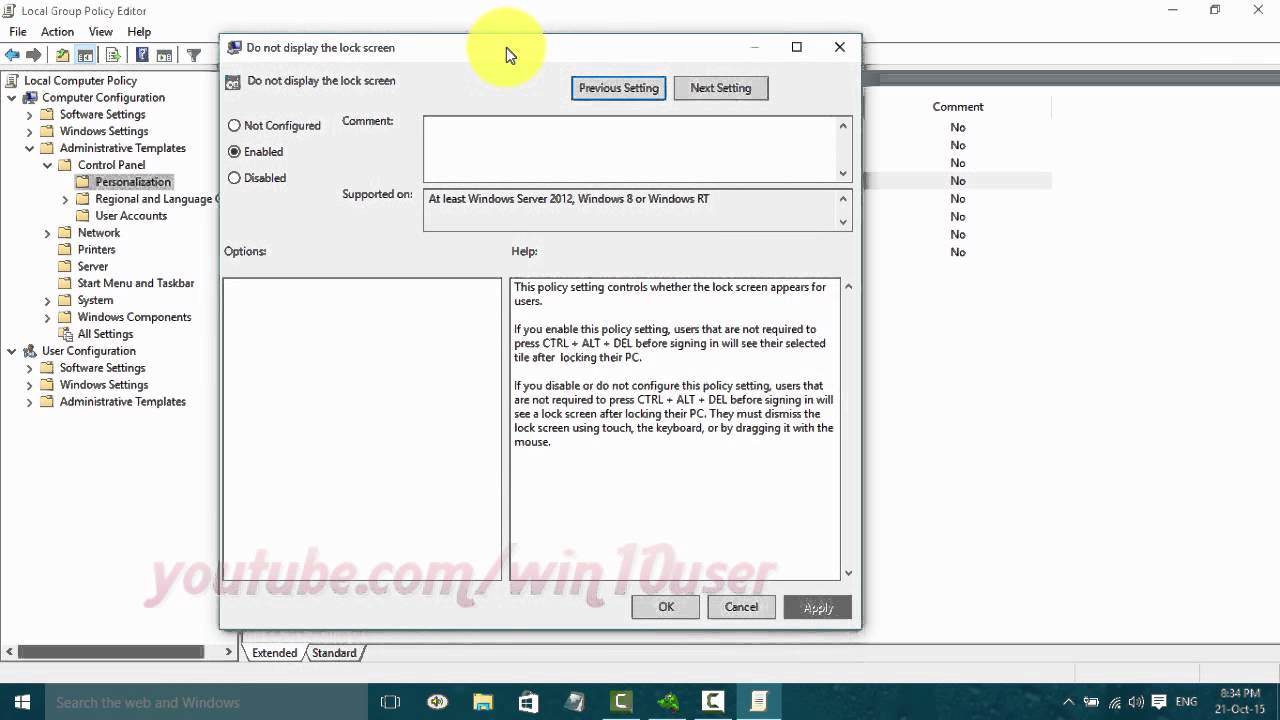 Windwos 10 : How to Enable or Disable Lock Screen using Local Group Policy Editor