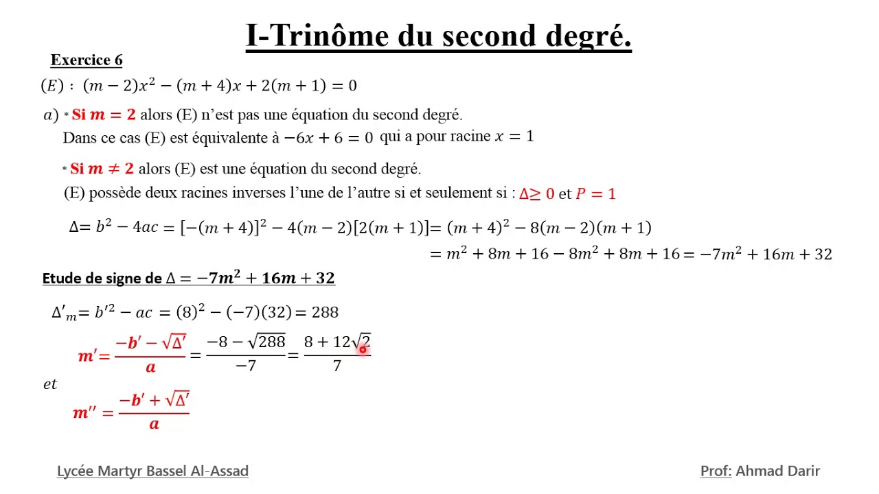 Trinôme du second degré (EX 6)