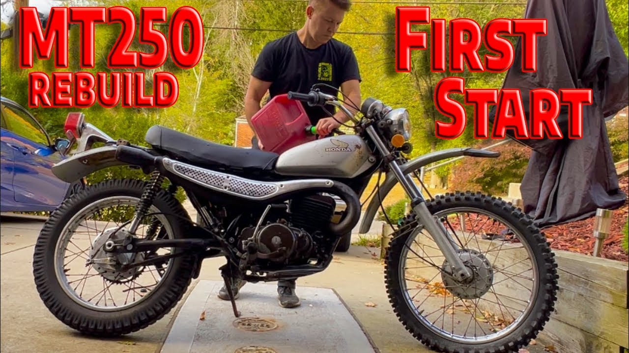 1974 Honda MT250:  engine assembly after rebuild and starting it up for the first time