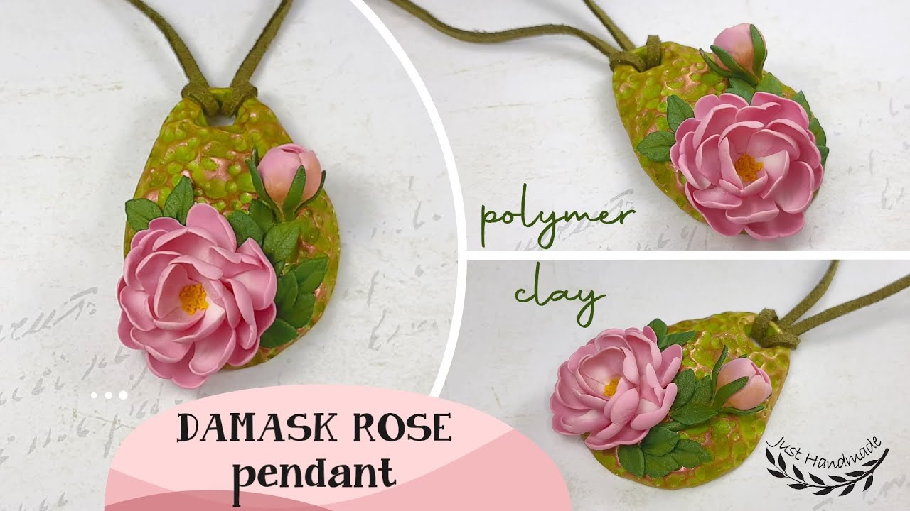 ~JustHandmade~ How to make a polymer clay DAMASK ROSE (DAMASCENA) - pendant - tutorial / DIY