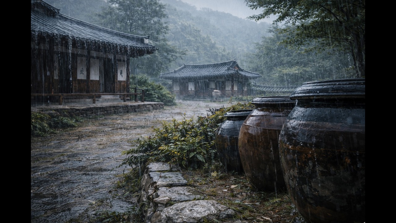 韓屋の庭に降る大雨と甕 | 10時間ブラックスクリーン | 睡眠用