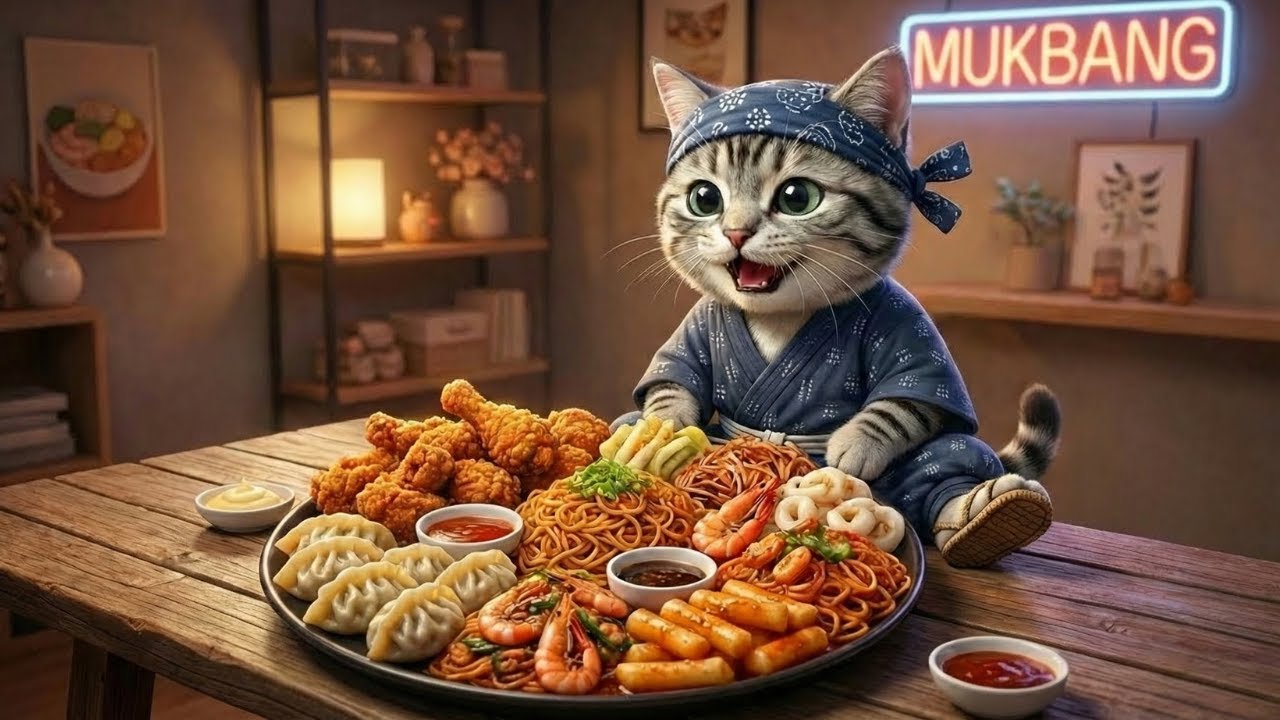 ASMR ムクバン｜猫のYueがフライドチキン、餃子、トッポッキ、麺料理を食べる