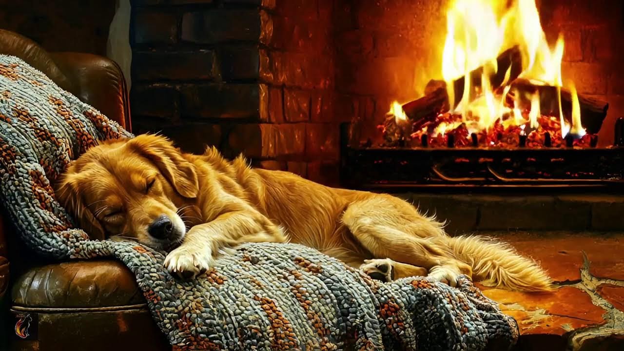 Sleeping Golden Dog by the Fireplace 🐾 | Cozy Winter Ambience for Relaxation & Sleep