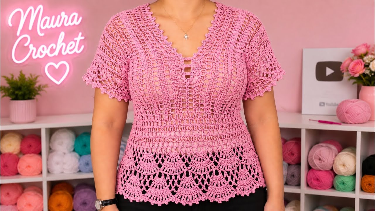 Mi nueva blusa favorita 💕 Tutorial paso a paso con puntos altos y abanicos #crochet #mauracrochet 
