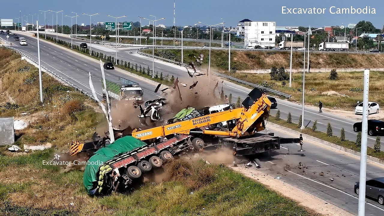 Be careful Dump Truck Delivery Rice Accident Back Drive On Highway Recovery By Crane