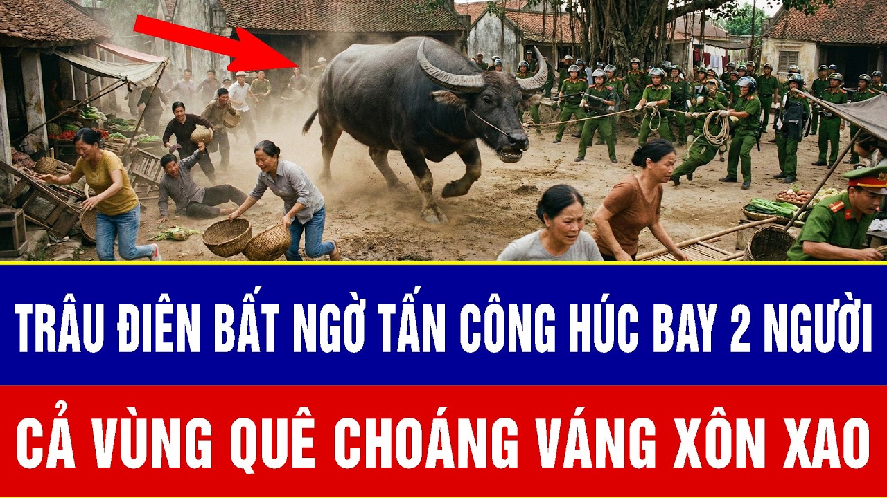 Trâu điên bất ngờ tấn công húc bay 2 người, cả vùng quê choáng váng xôn xao