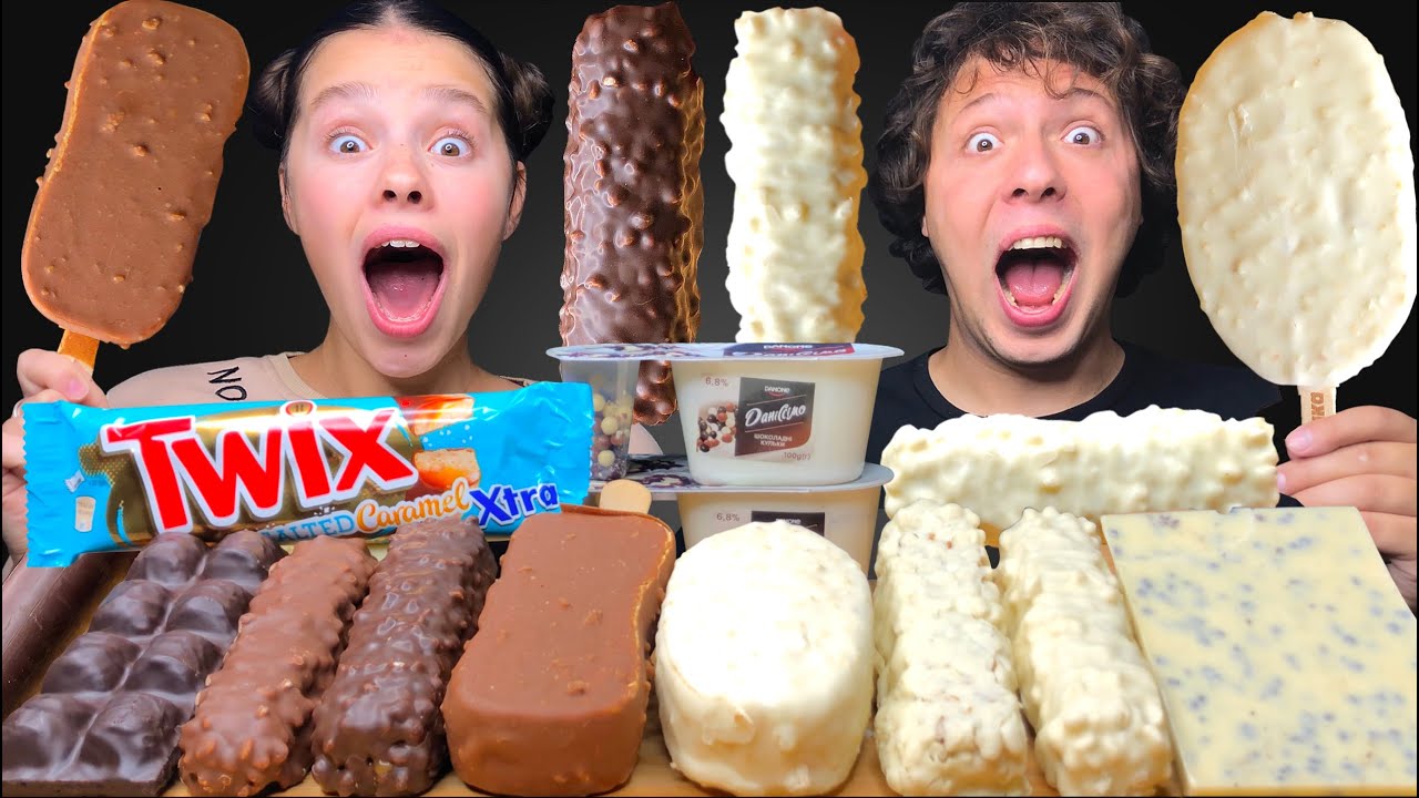 ASMR MILK & WHITE CHOCOLATE GIANT ICE CREAM BARS, LION, TWIX MUKBANG EATING SOUNDS 먹방 Tati ASMR