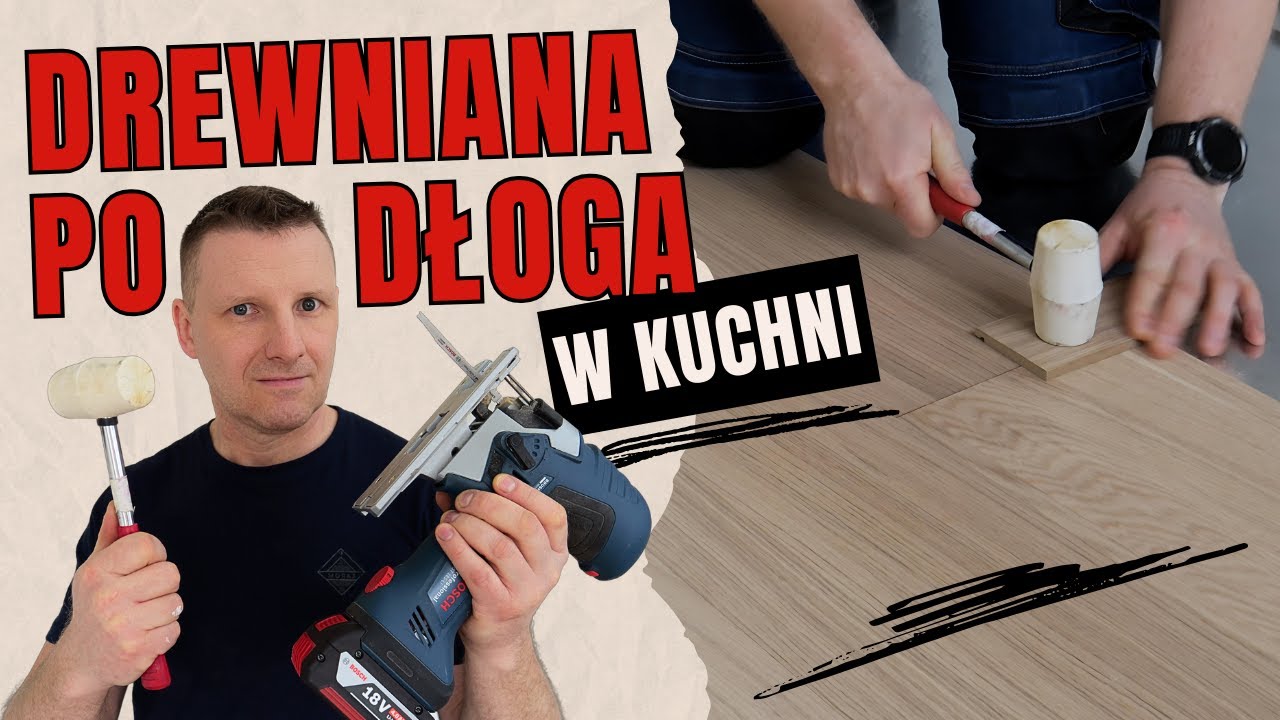 Drewniana podłoga na całym piętrze. Kuchnia, korytarz, salon