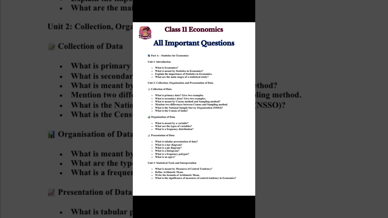Class 11 Economics 🔥 | Most Important Questions (Units 1 to 6) | Statistics & Microeconomics