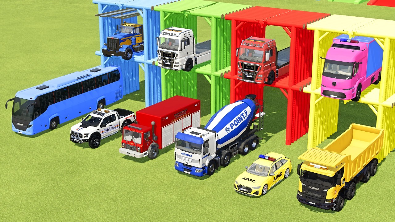 TRANSPORTING MERCEDES MINI BUS, VOLKSWAGEN POLICE, FORD POLICE, MERCEDES FIRE TRUCK TO GARAGE | FS22