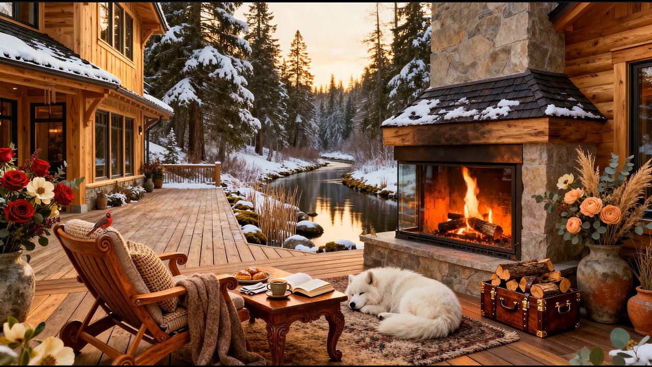 Fireplace Sounds in a Winter Cabin 🔥 Cozy Porch, River Flow & Calm Nature Ambience