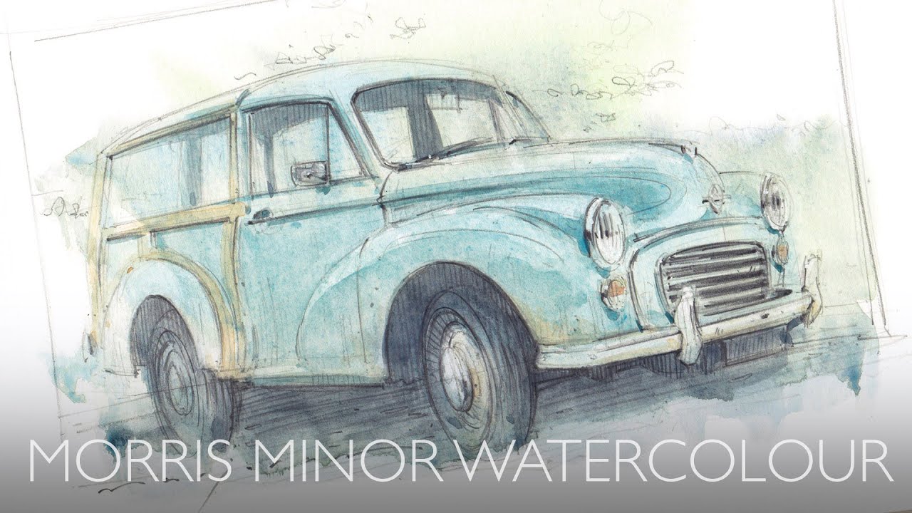 Sketching a Morris Minor with Pencil and Watercolour.