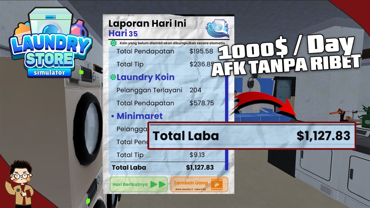 CARA CEPAT GRINDING 1000$ PER HARI DAN BISA AFK DI GAME LAUNDRY STORE SIMULATOR