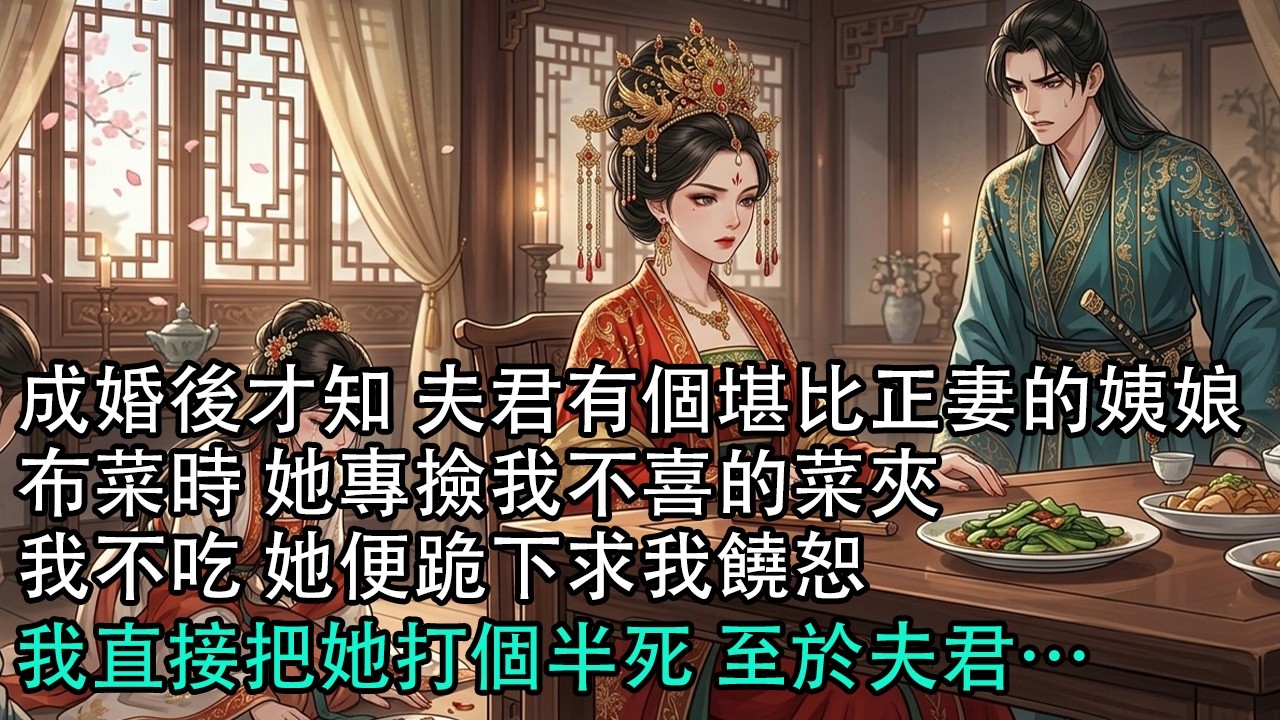 【一口氣看完】成婚後才知 夫君有個堪比正妻的姨娘，布菜時 她專撿我不喜的菜夾，我不吃 她便跪下求我饒恕，我直接把她打個半死 至於夫君&hellip;#古言 #有聲小說 #情感故事
