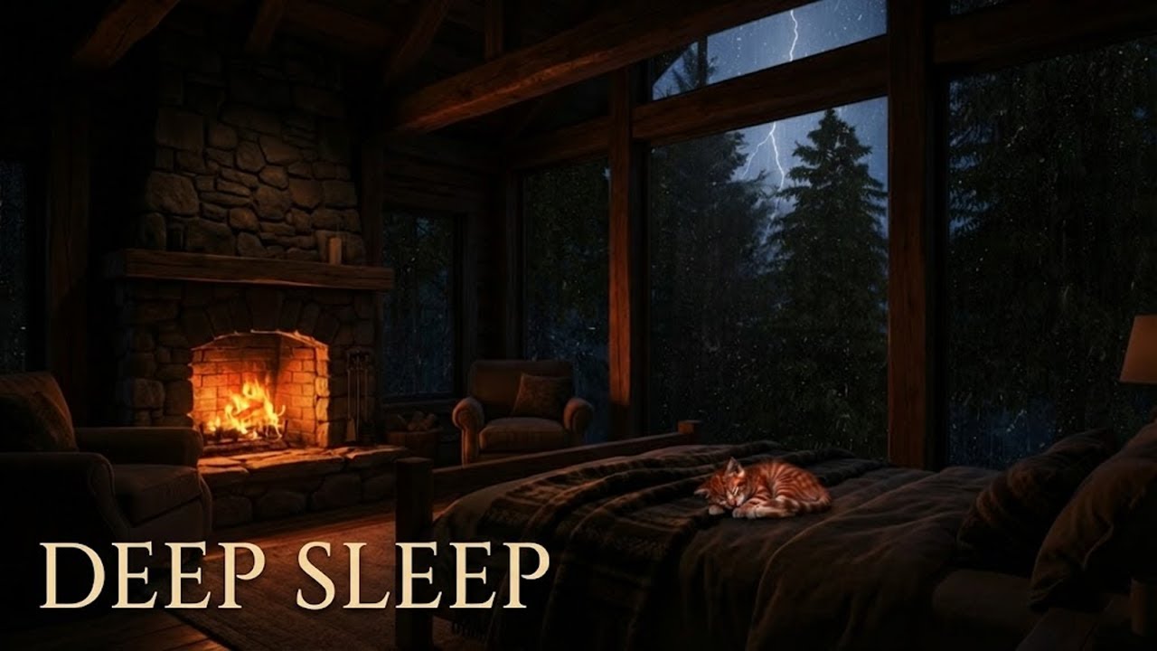 Instant Deep Sleep: Heavy Rain & Thunder at the Forest Cabin ⛈️ Cozy Fireplace & Sleeping Cat