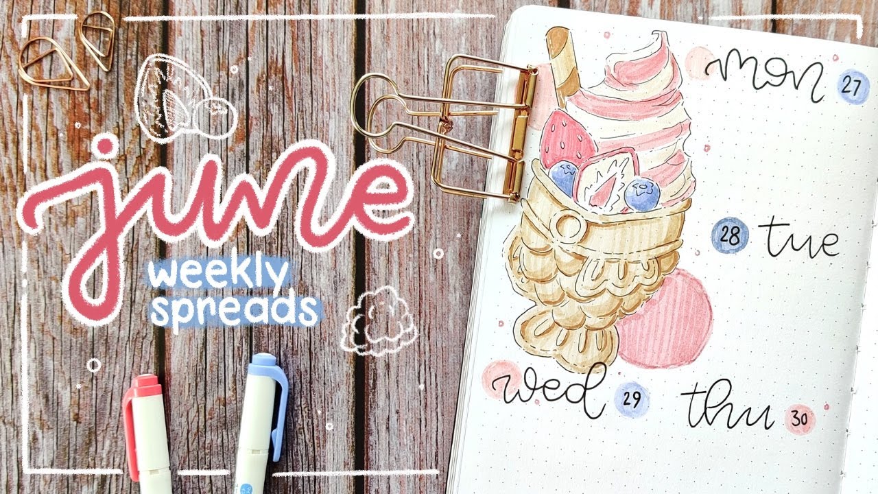 June 2022 Bullet Journal weekly Spreads | Berry Desserts Theme 🍨🍓 | Plan with me