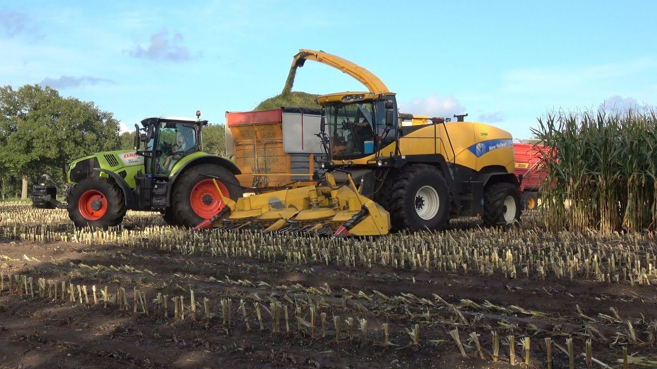 Mais hakselen door loonbedrijf Loman met New Holland FR9060, T7.220 en 2 Claas Axion trekkers (2021)