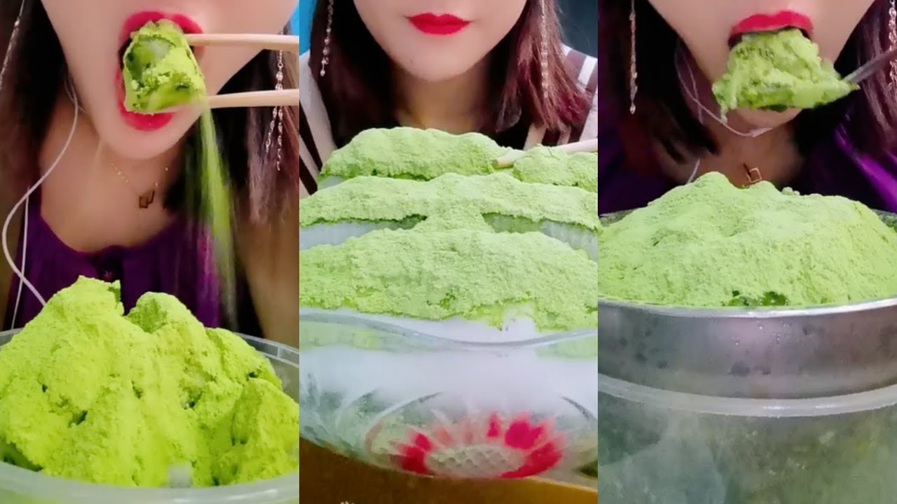 ASMR 얼음먹방 HEAVY MATCHA POWDERY CRUNCH ICE BLOCK ICE EATING ASMR P2017 💚🍵 GREEN ICE MUKBANG 녹차 | 抹茶