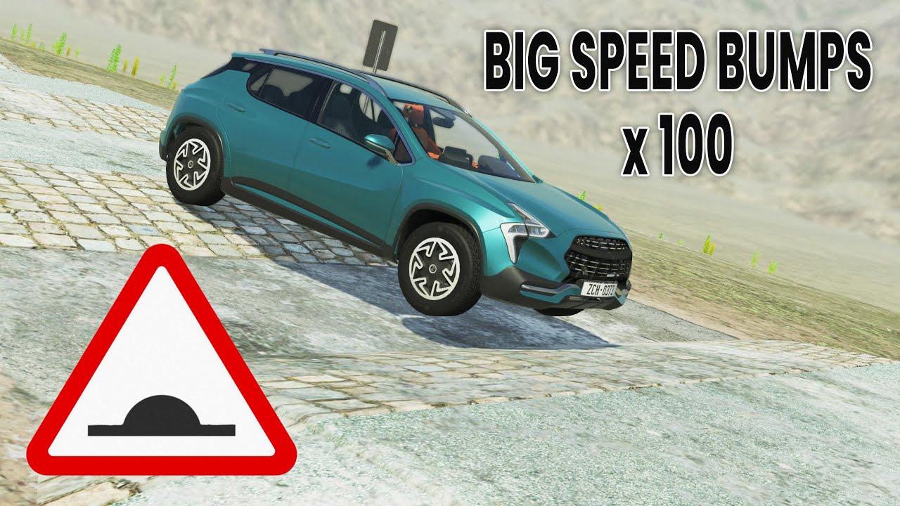 BeamNG Drive - Cars vs 100 Big Speed Bumps (Very High Speed)