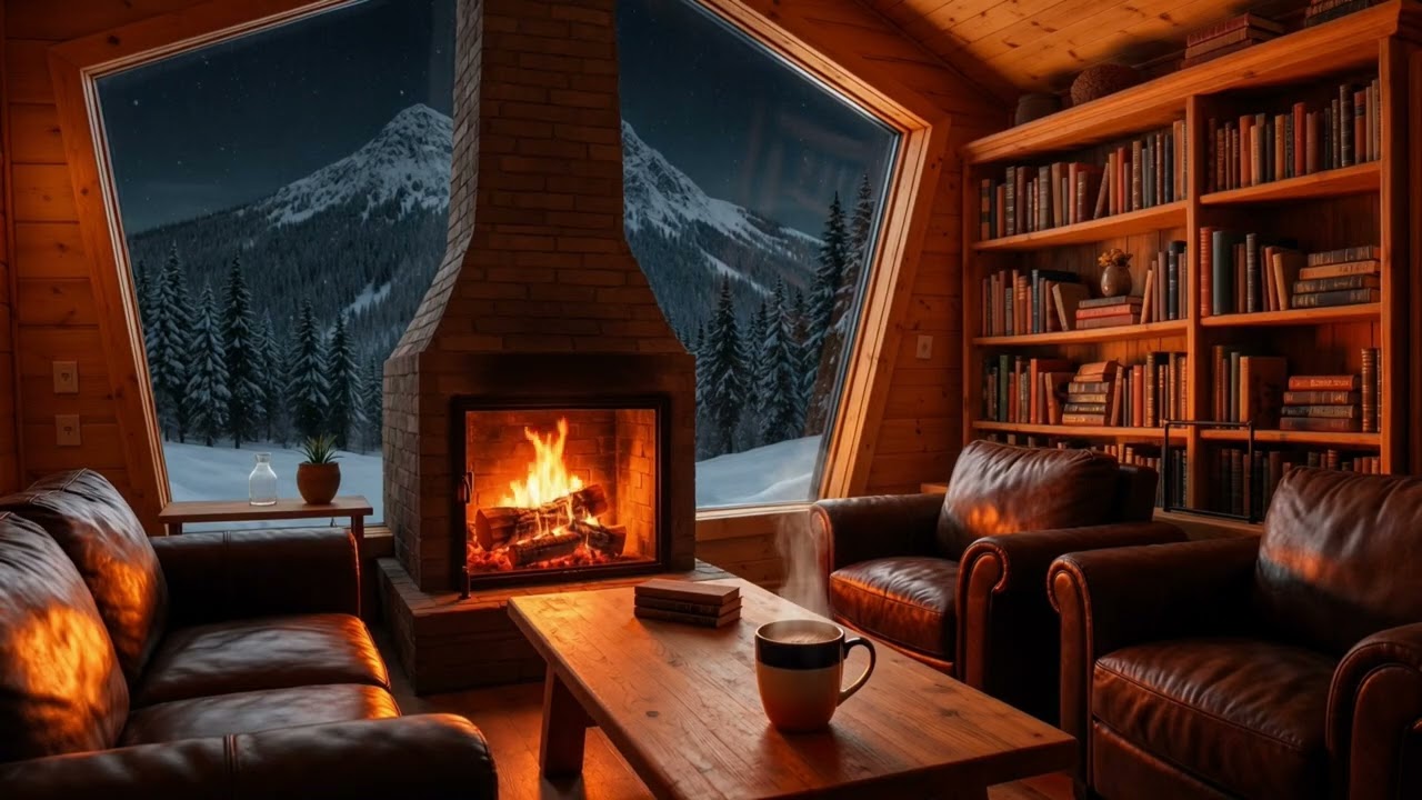 Cozy Mountain Cabin | Crackling Fireplace & Falling Snow | Lofi Music for Study, Work & Sleep