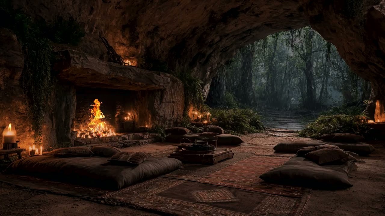 Relentless Storm Night Inside a Deep Forest Cave | Rolling Thunder, Rainfall & Firelight Ambience