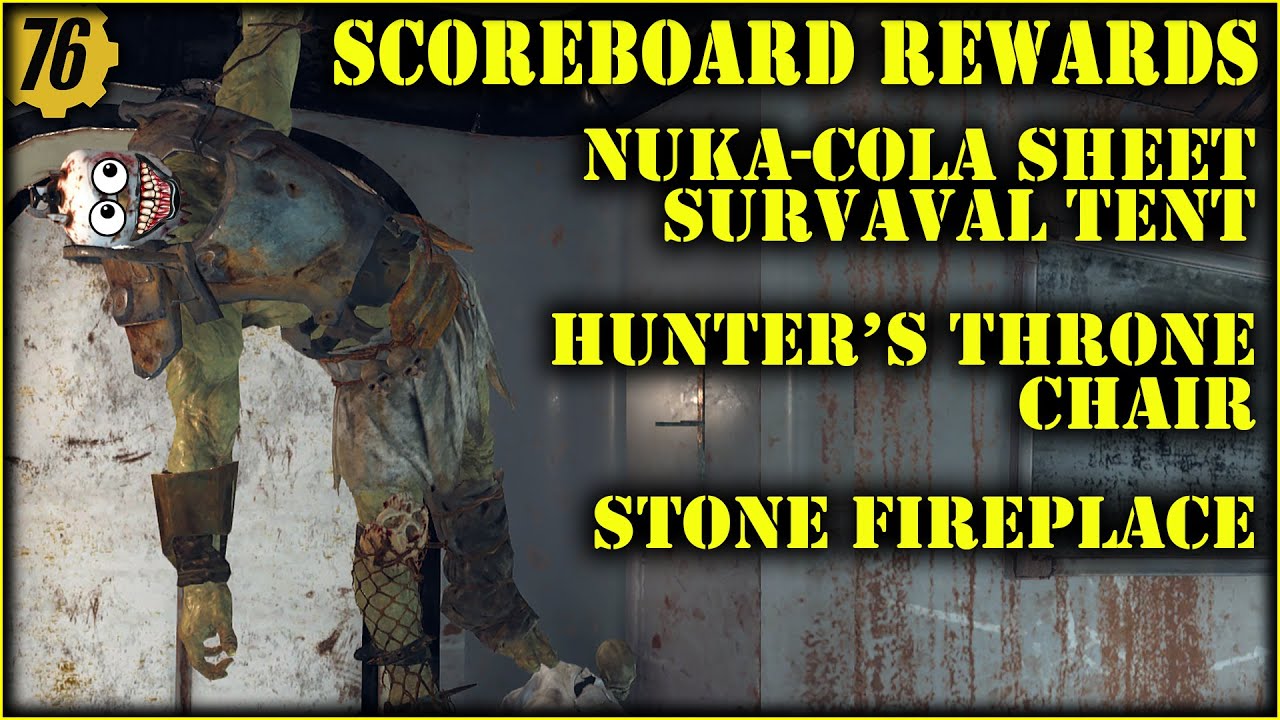 Fallout 76 - Nuka-Cola Sheet Survival Tent, Hunter's Throne Chair, Stone Fireplace | Scoreboard 🎁
