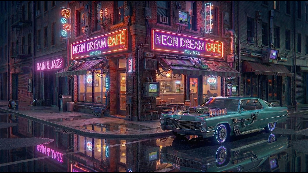 Cyberpunk City Ambience 🌧️ 1950s Dark Jazz & Rain for Relaxing, Studying