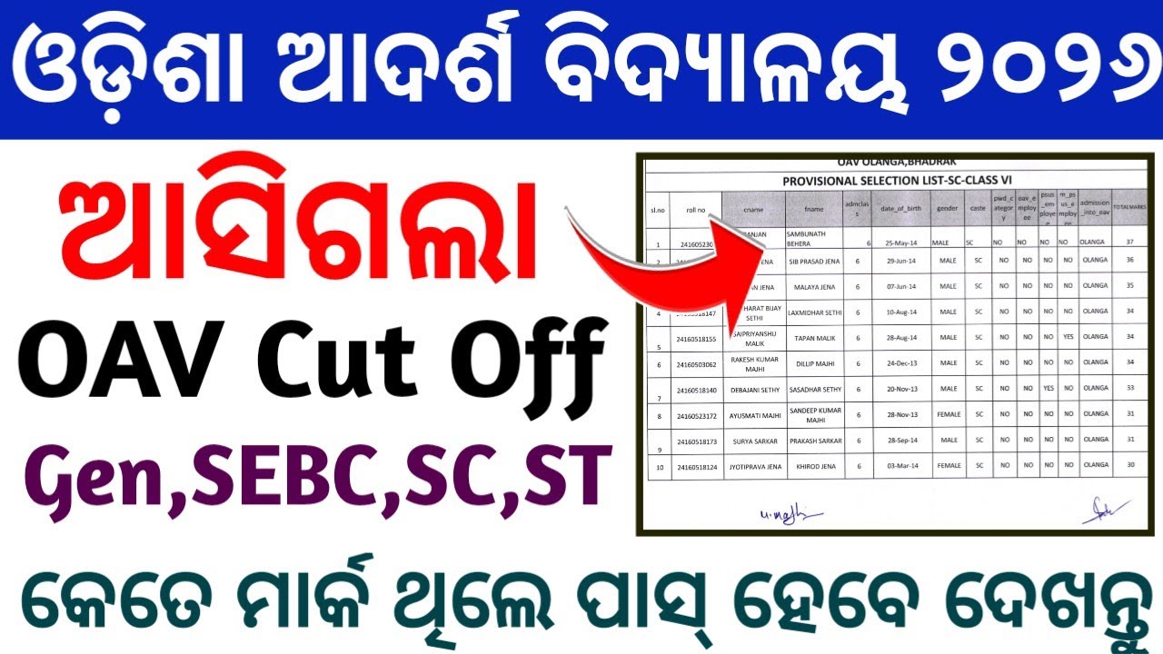odisha adarsh vidyalaya cut off marks 2026 | oavs entrance cut off marks 2026 | oav result 2026