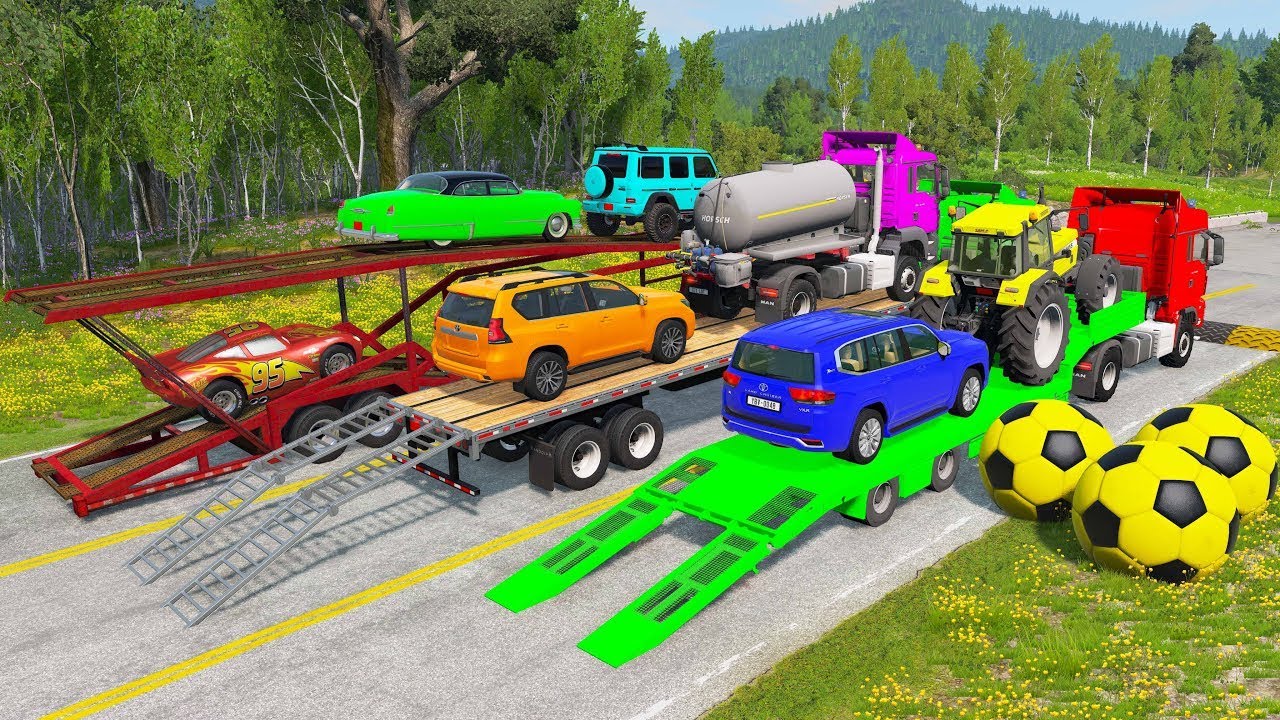 Flatbed Truck Mcqueen | Transportation with Truck - Pothole vs Car #17 - BeamNG.Drive