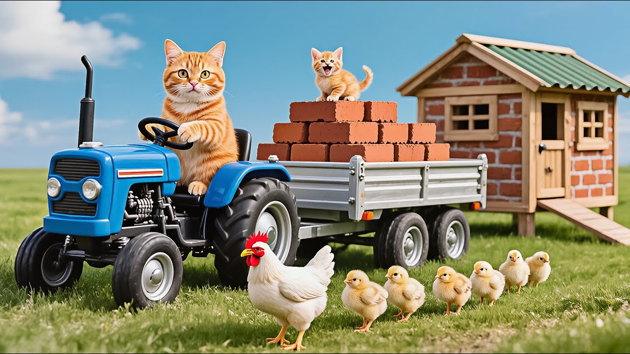 Kitten Helps Mama Cat Build a New House for Mother Hen and Chicks Cute Animal Story 🐾🐣🏡