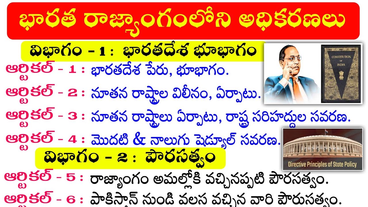 భారత రాజ్యాంగంలోని ఆర్టికల్స్ 1 - 395 | Articles in Telugu | List of Article 1 - 395 | Indian Polity
