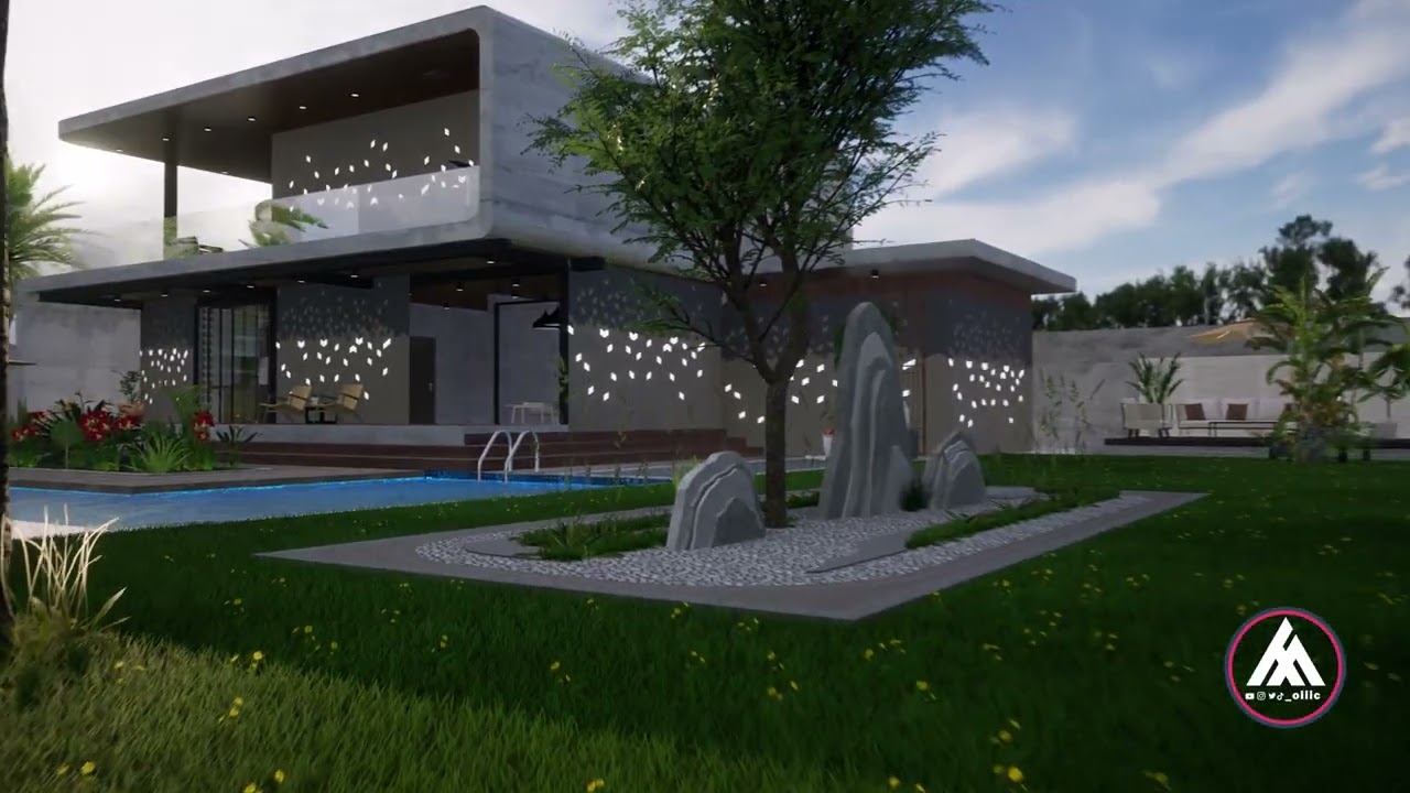تصميم استراحة فاخره خاصة مع مسبح وحديقة كبيرة 4K
