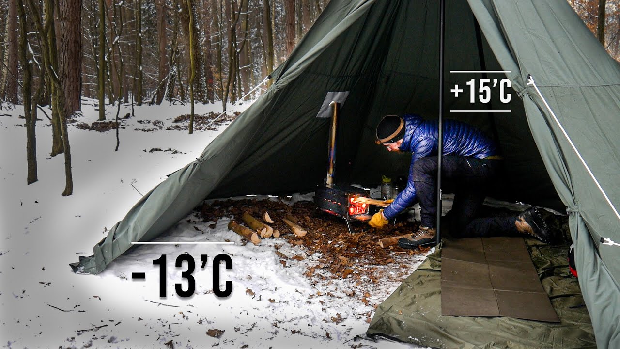Mroźna noc solo w ogrzewanym namiocie - nowy piec, nowy namiot