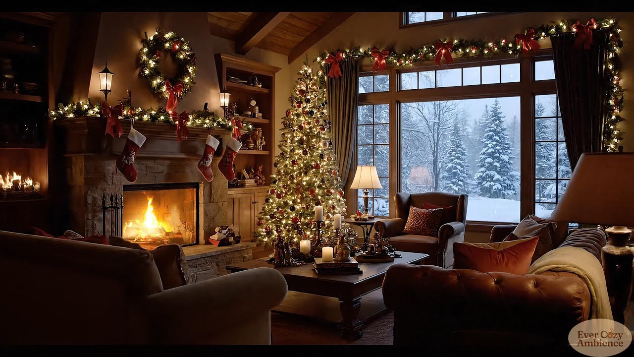 Cozy Christmas Cabin Ambience ❄️🔥 | Crackling Fireplace, Falling Snow & Soft Holiday Music