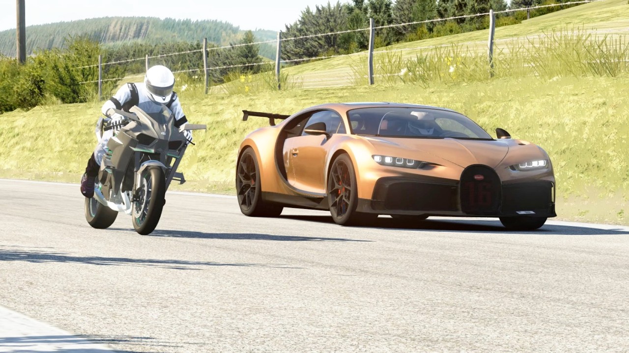 Kawasaki Ninja H2R Supercharged vs Bugatti Chiron Pur Sport vs Bugatti Bolide at Old SPA