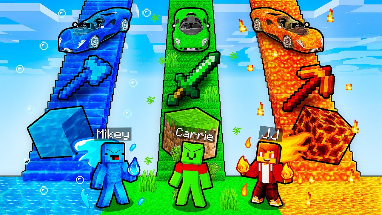JJ vs Mikey vs Carrie: ELEMENTAL BATTLE in Minecraft - Maizen