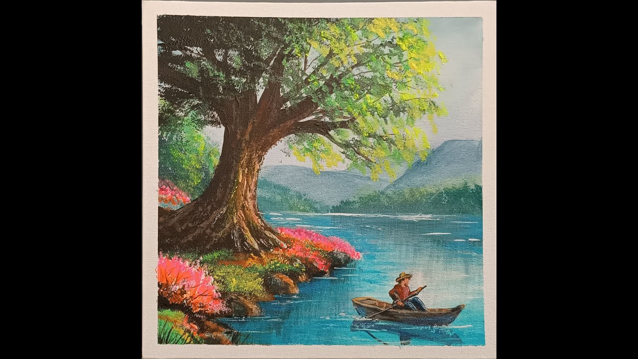 Relaxing Landscape Painting | Calm River, Tree & Fisherman | Acrylic Painting Process