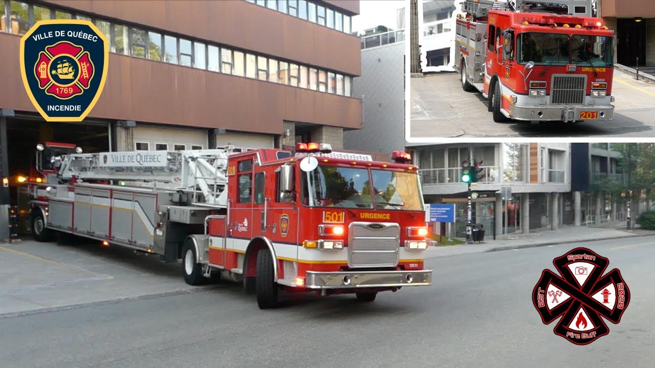 [CANADA'S ONLY TILLER] Québec City l SPCIQ pumper 201 and famous tiller ladder 501 responding