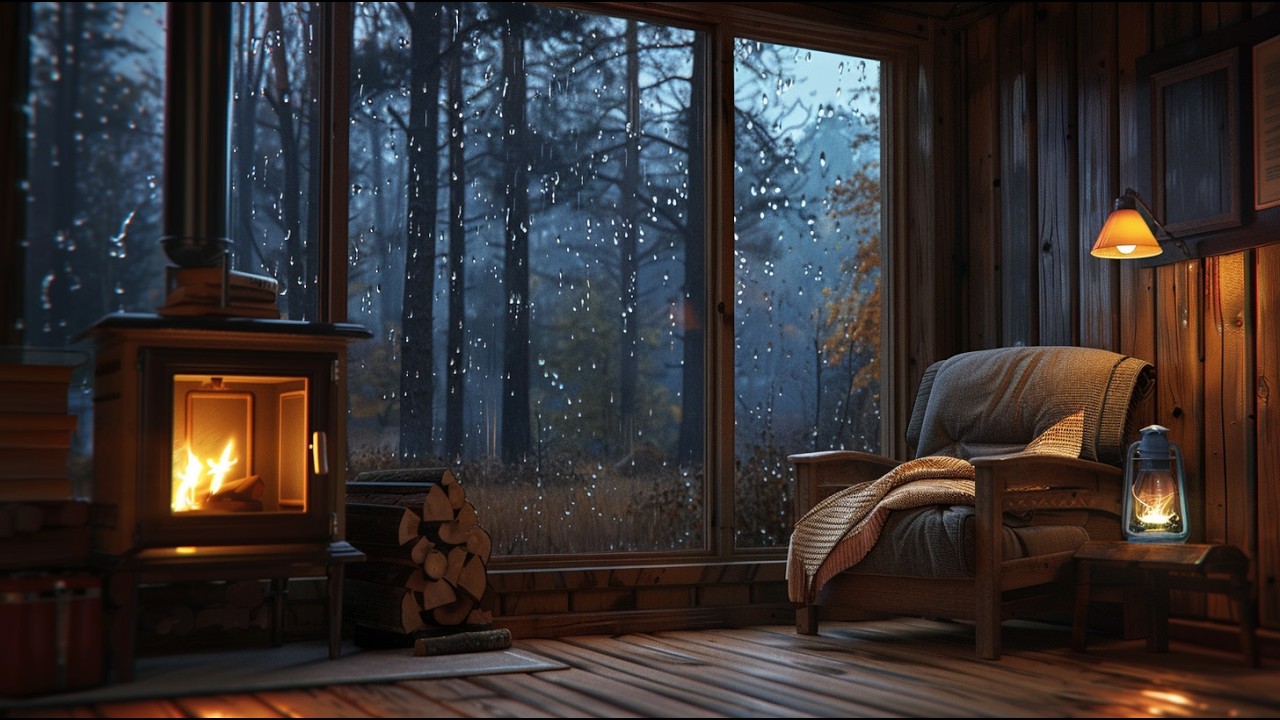 Cozy Cabin Fireplace 🔥 Rain Outside the Window | Relaxing Ambience (2 Hours)