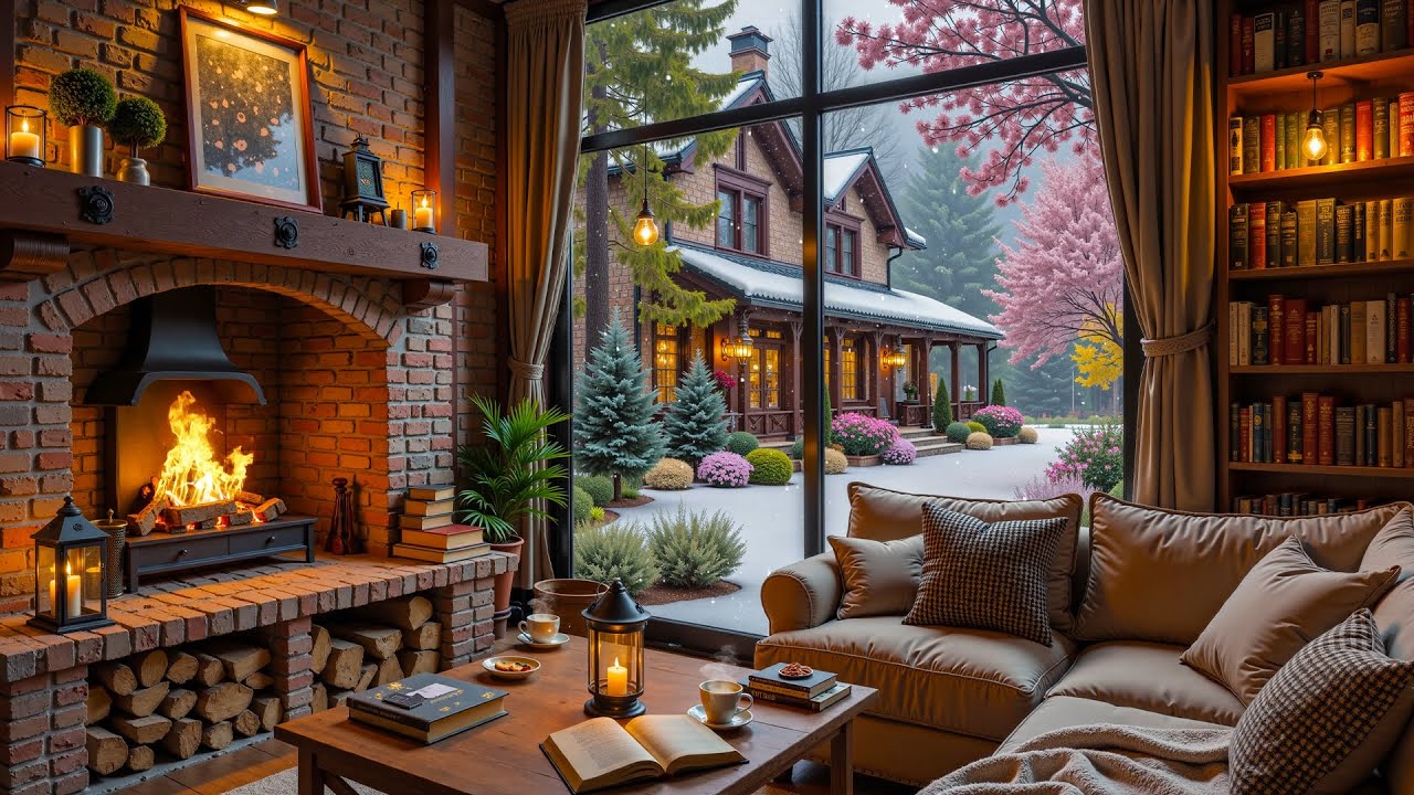 A beautiful winter café ❄️ Relaxing jazz piano music and a cozy fireplace with lake views.